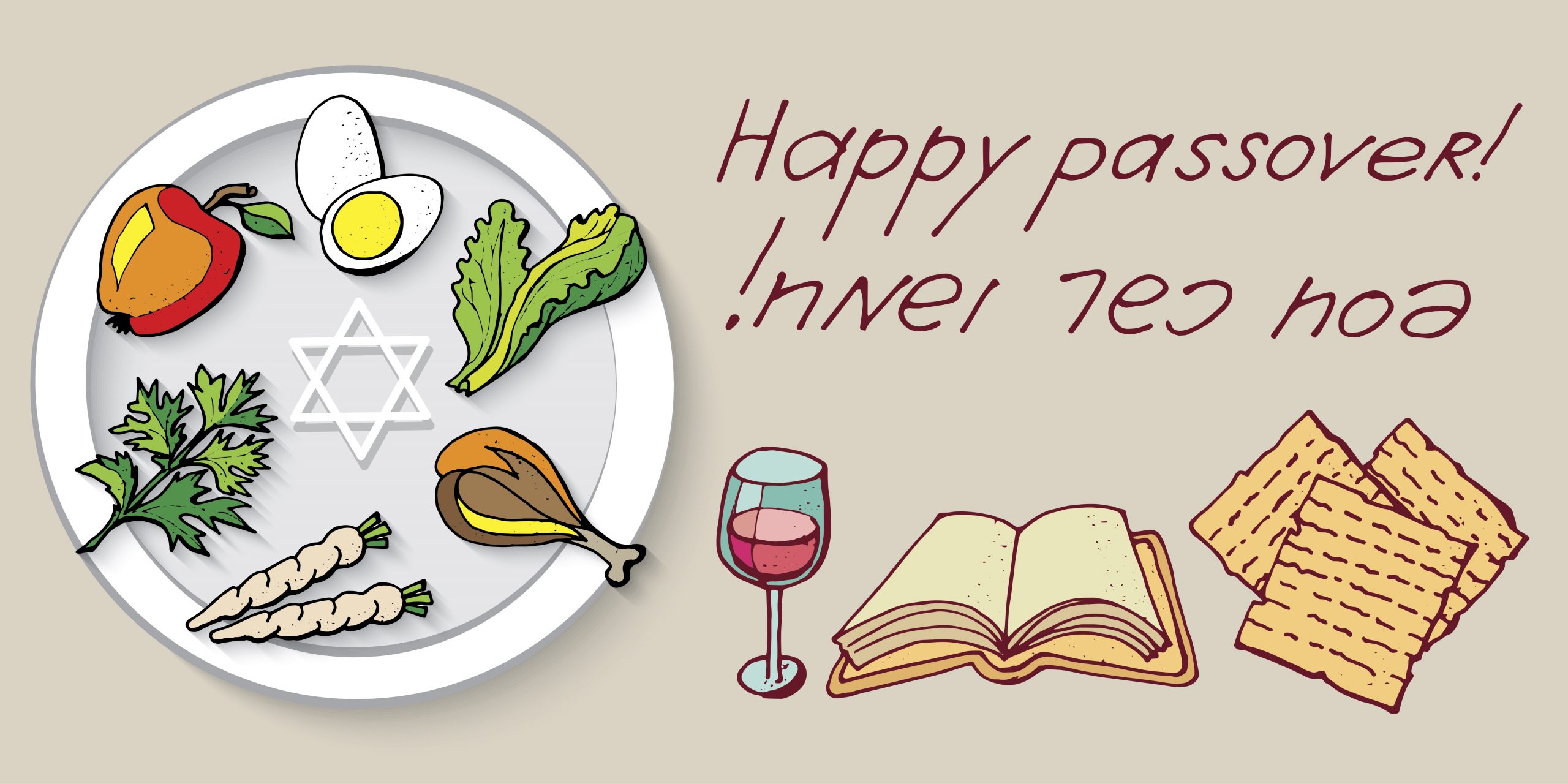 Happy Passover with Seder plate, wine, matzah, Haggadah