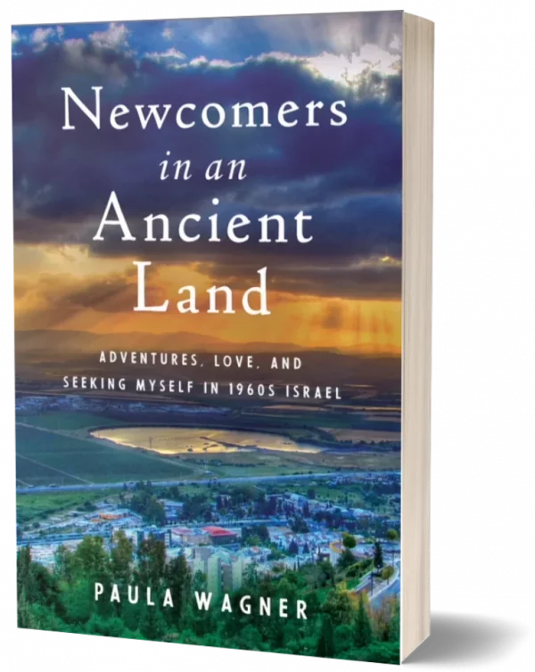 3D Book cover of Paula Wagner’s memoir “Newcomers in an Ancient Land,” featuring a sunset over the hills of northern Israel.