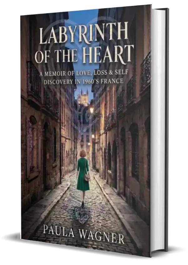 Based on the image of the book cover, here are the recommendations for your WordPress media library: Alt Text Recommended: Book cover of Labyrinth of the Heart by Paula Wagner, featuring a view through a historic stone archway in Lyon, France.