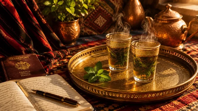 Brass Moroccan tea tray with two glasses of fresh mint tea, symbolizing how mentors inspire writers through conversation, travel, and lifelong inspiration.