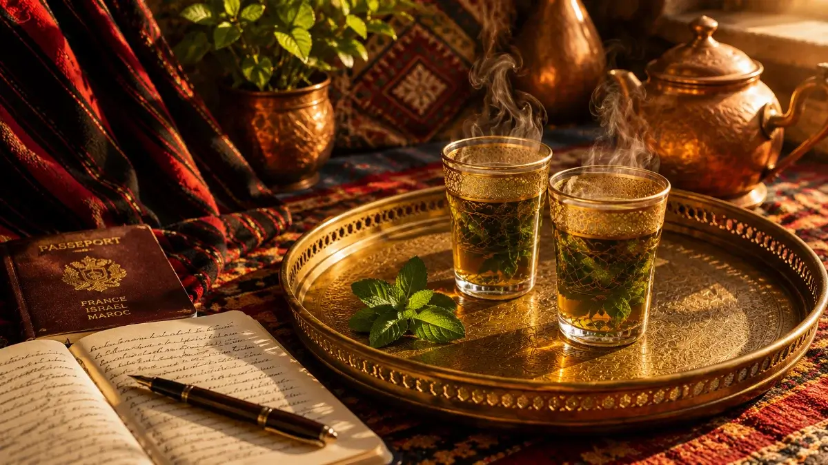 Brass Moroccan tea tray with two glasses of fresh mint tea, symbolizing how mentors inspire writers through conversation, travel, and lifelong inspiration.